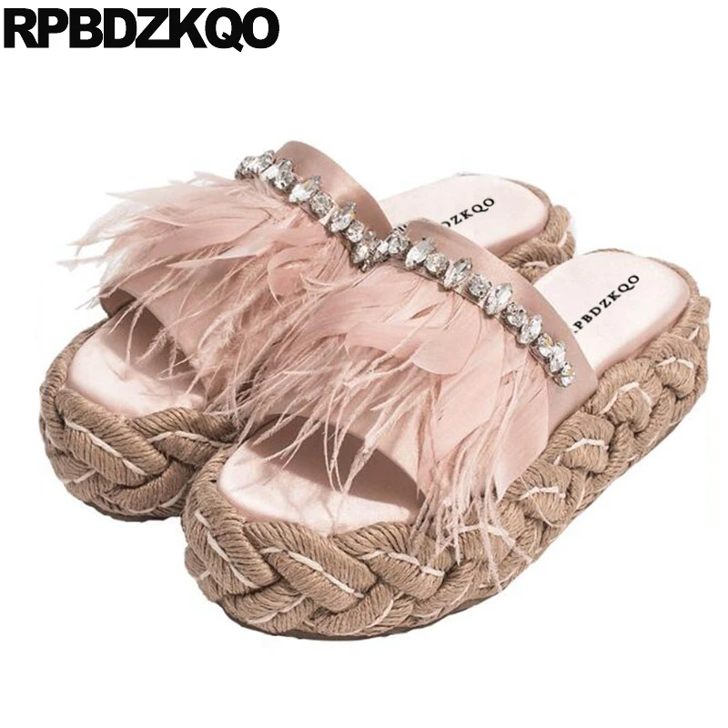 

straw feather sandals luxury slippers high quality diamond designer slides women 2019 platform 5 rhinestone heel shoes pink 2018