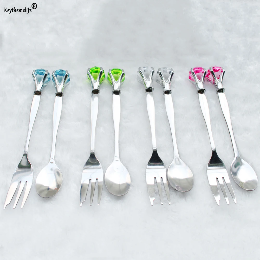 

2pcs Dinnerware Sets Ice Cream Tea Coffee Spoon Fork Stainless Steel Diamond Shapes Spoons Forks