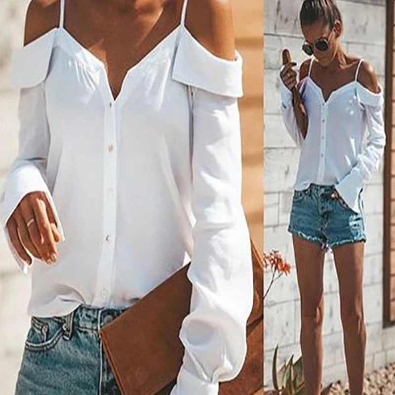 Повседневная женская шифоновая блузка, рубашки с длинным рукавом, модный воротник размера плюс, на пуговицах, с открытыми плечами, белая рубашка, женские топы