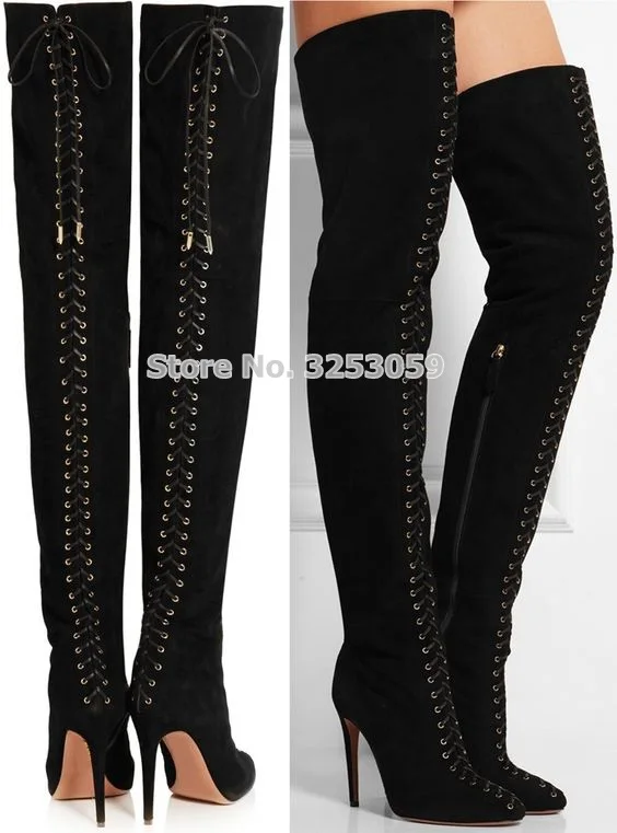 ALMUDENA-High-End-Black-Suede-Over-the-knee-Boots-Lace-up-Slim-Fit ...