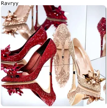 

Crystal red shoes woman's high heels female single shoe rhinestone slip-on lady Wedding party dress shoes pointed toe stiletto