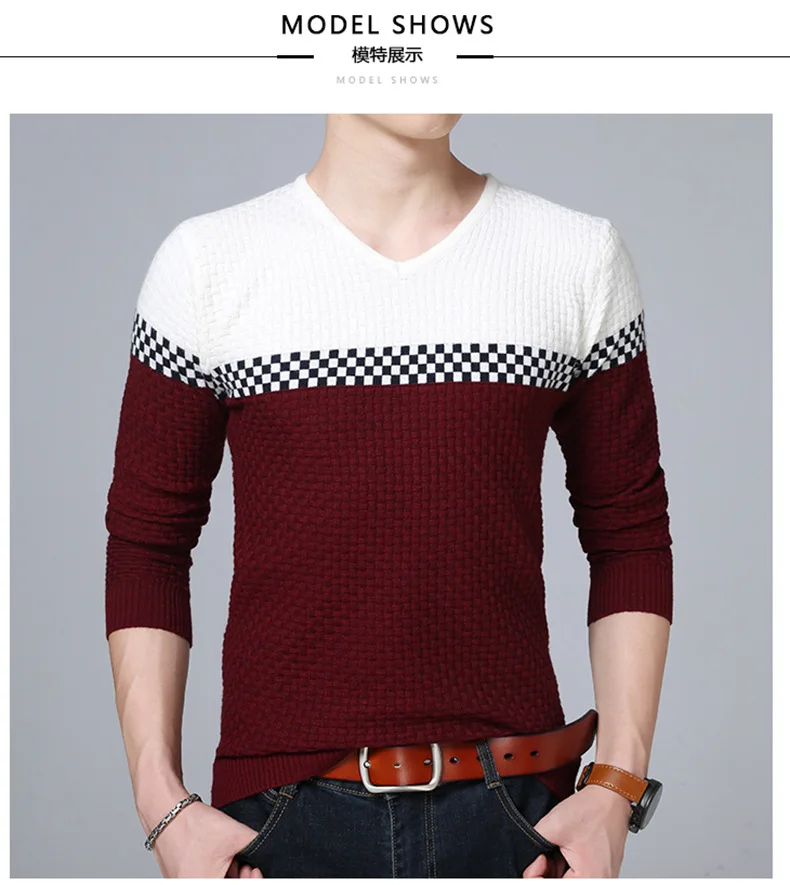 2018 Осень Зима теплые шерстяные свитера повседневные модного цвета, в стиле пэчворк v-образный вырез пуловер мужской бренд Slim Fit Хлопок