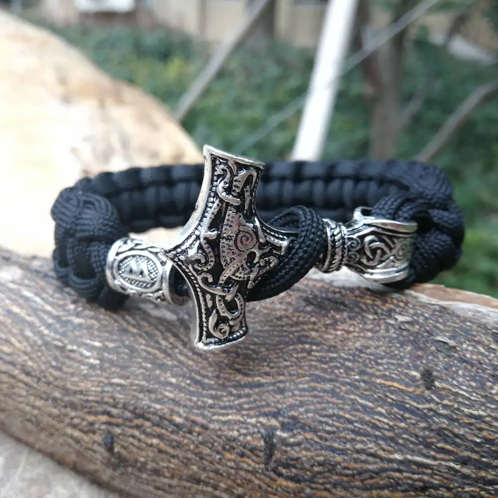 Paracord Bracelet Handmand Norse Viking Runes Beads Braided Black Paracord Bracelet Celtics Viking Runes Beads Axe Talisman Charm Braided Rope Men Bangles Jewelry