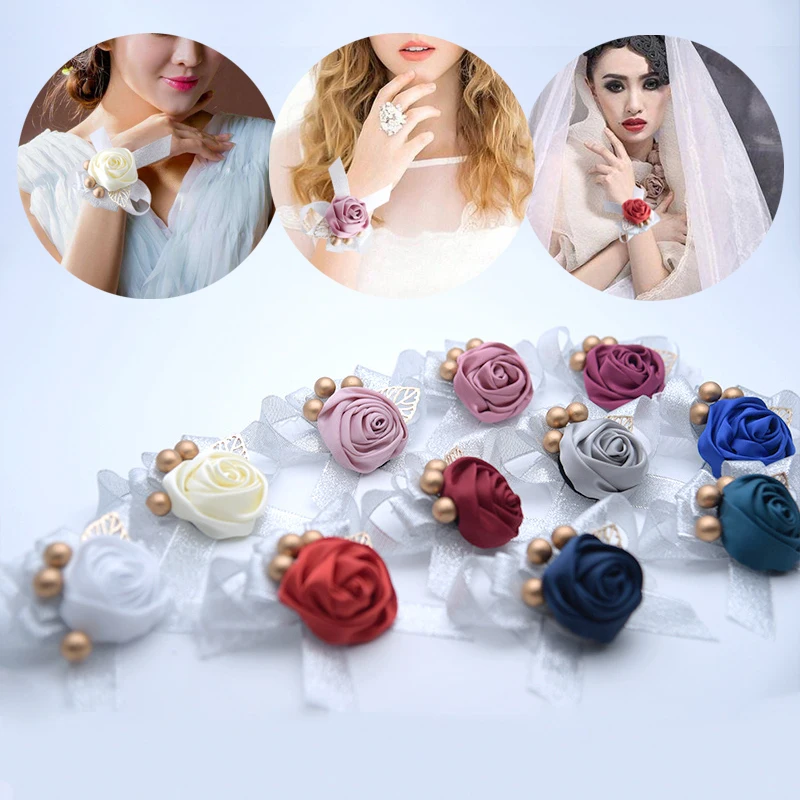 Новые искусственные розы невесты на запястье Цветы Свадебные украшения поставки бисер 11 цветов 7C2335