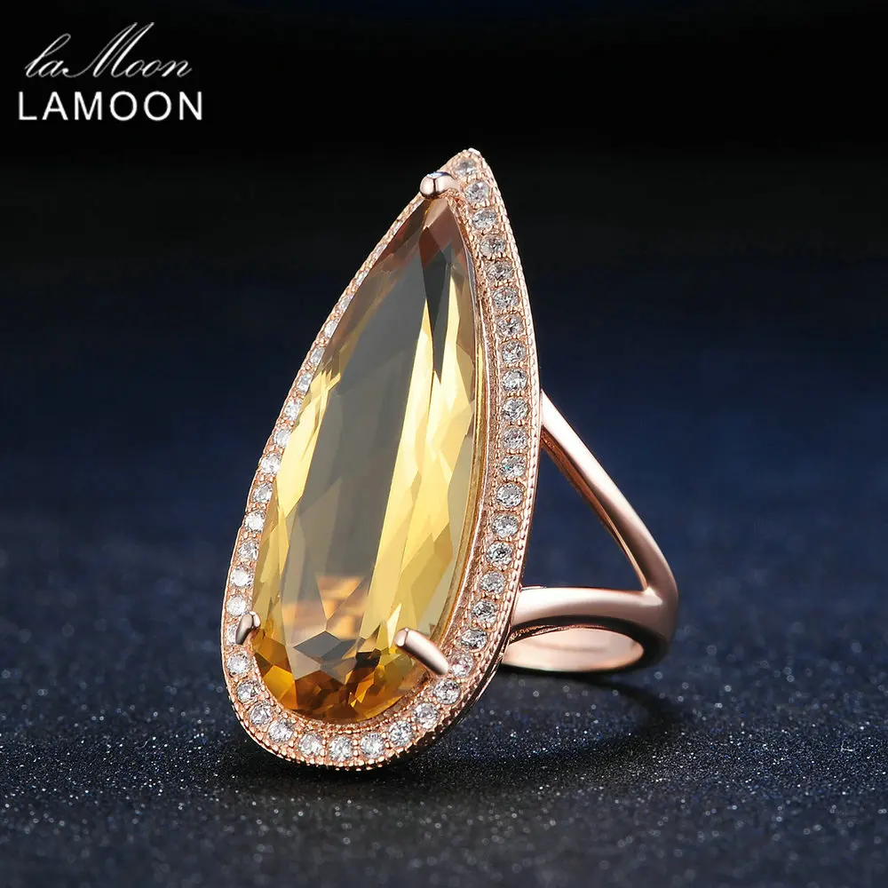 LAMOON 925 Sterling Silver Jewelry Rings Luxury Gemstone Natural Big TearDrop Citrine Cocktail Amber Ring ChALkeR Anel Feminino