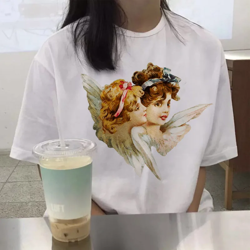 

Angel cartoon sweet print summer female large size new tops fashion loose fun S-2XL short sleeve O-neck cute art Ulzzang shirt