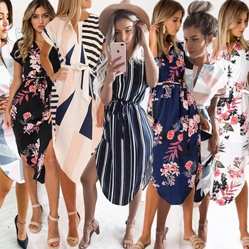 

Summer Spring Women Sexy V-neck Geometric Flower Print Short Sleeve Women Party Dress Medium length Dress Women Clothes