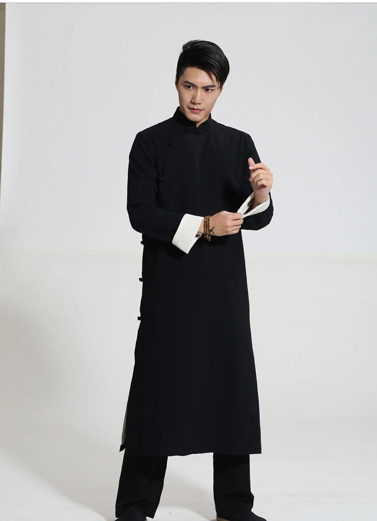 

Black Chinese Men Crosstalk Sketch Storytelling Performance Clothing Long Cotton Dress Robe Gown Two Side Kung Fu Tai Chi Tops