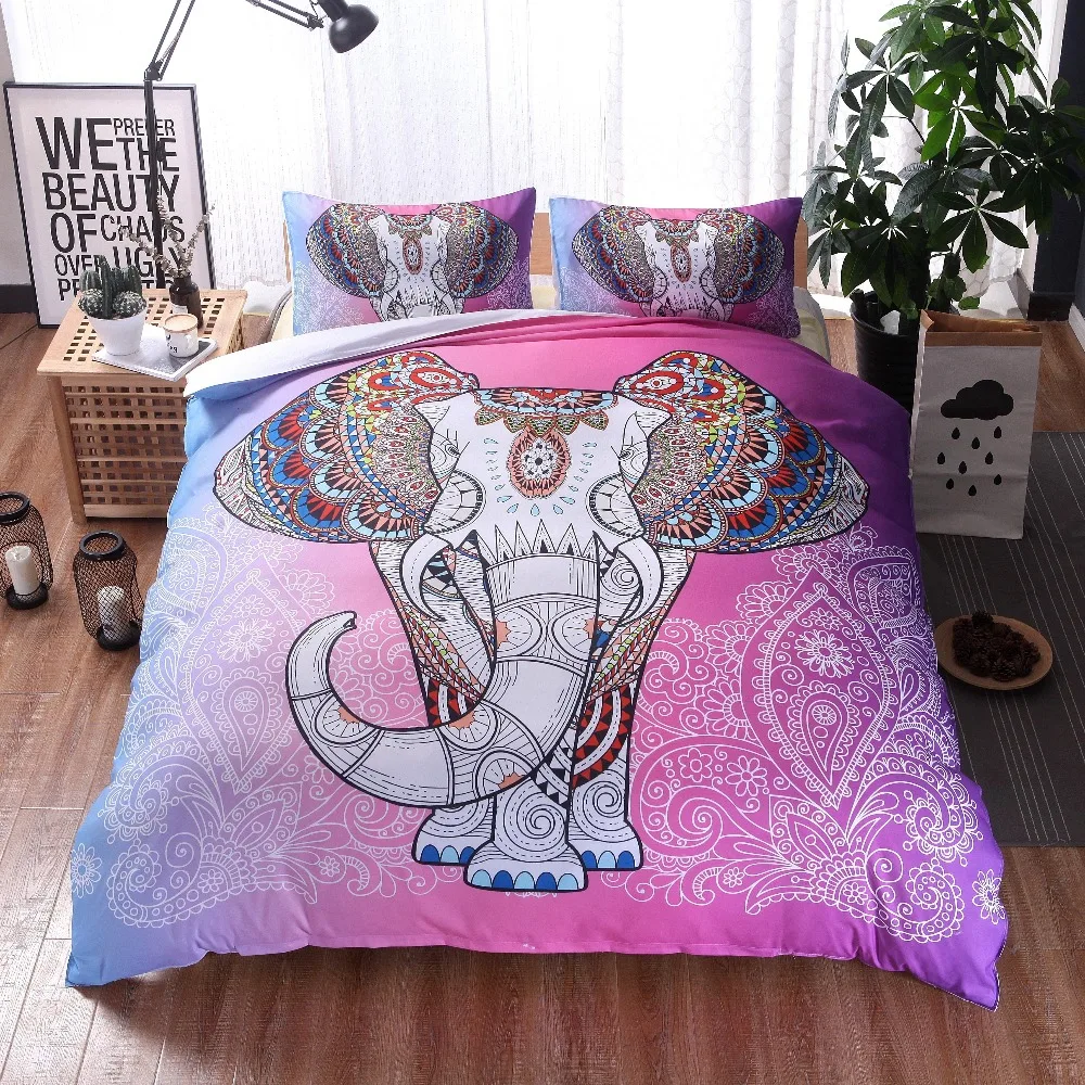 

FUYA 3 Pieces 3D Elephant Colorful Bedding Set Bohemia King Duvet Cover with Pillow Case Colorful Printed Bed Set Cover