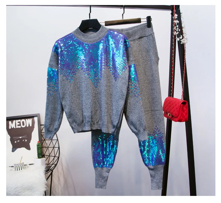 Amolapha для женщин ручной работы Sequines вязаный пуловер+ брюки 2 шт. комплекты одежды Зимние трикотажные спортивные костюмы