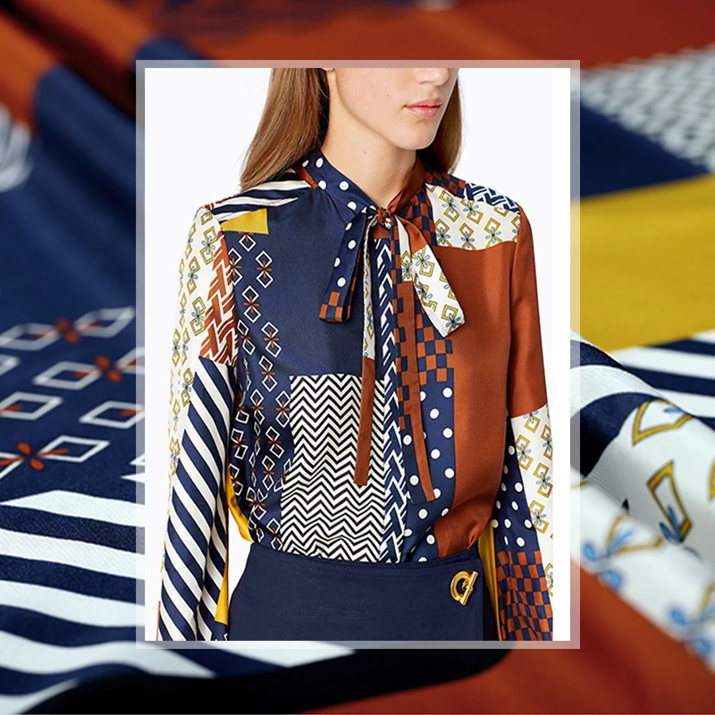 

137CM 16MM Geometry Print Silk Crepe De Chine Fabric for Summer Dress Blouse Skirt Shirt Scarf DE942