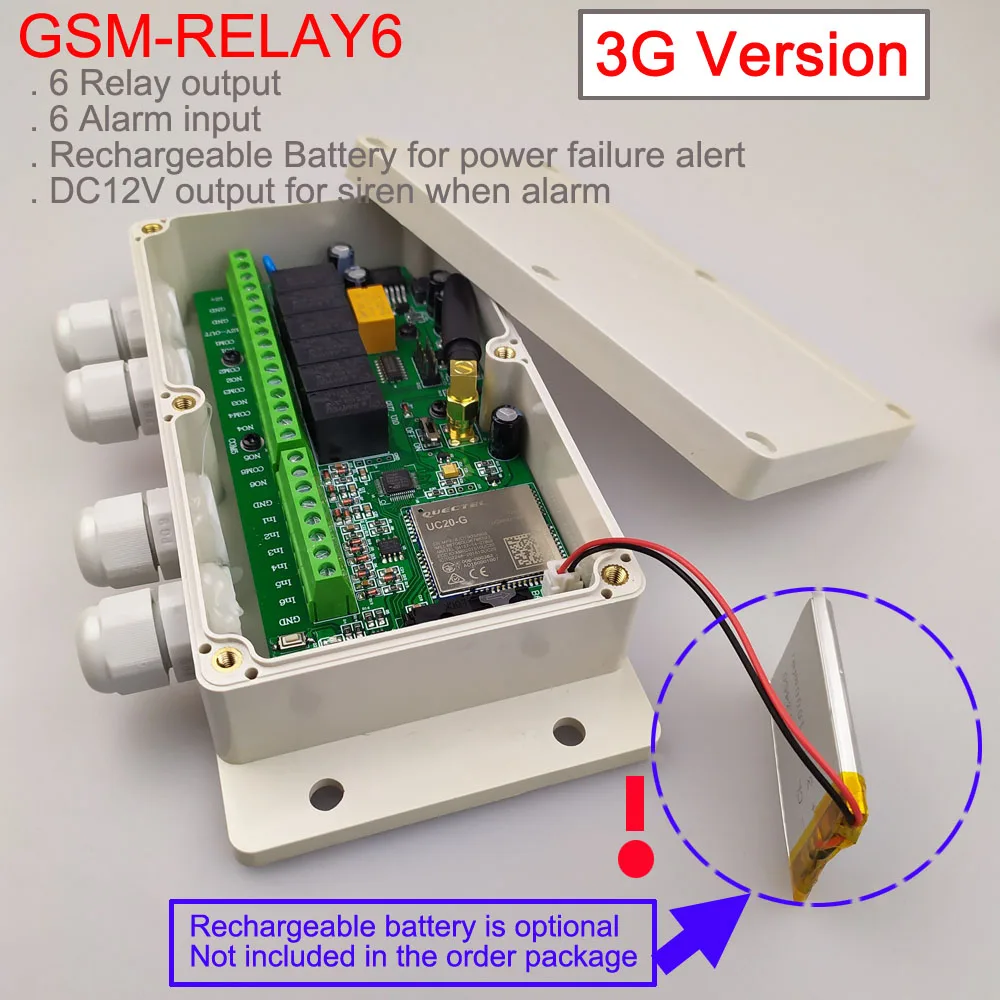 3G Version / GSM Six relay output remote switch board (SMS Relay switch) Battery on board for power off alarm