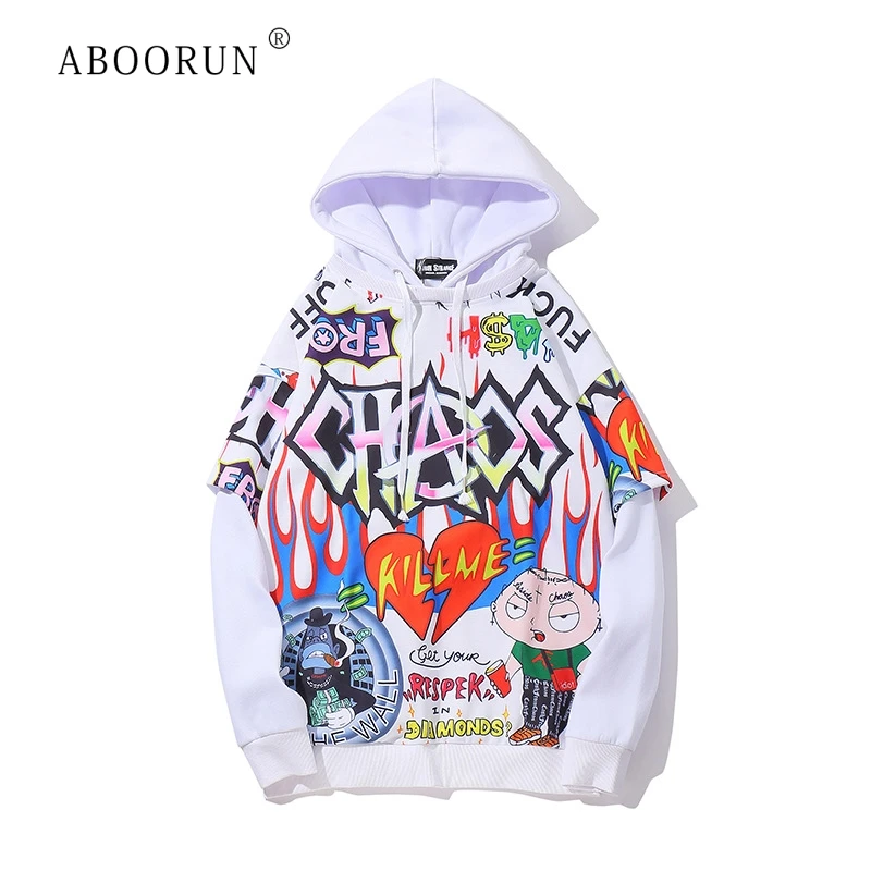 

ABOORUN Men's Hip Hop Sweatshirts Fashion Graffiti Printed Hoodies Spring Autumn Pullover Sportwear for Male R737