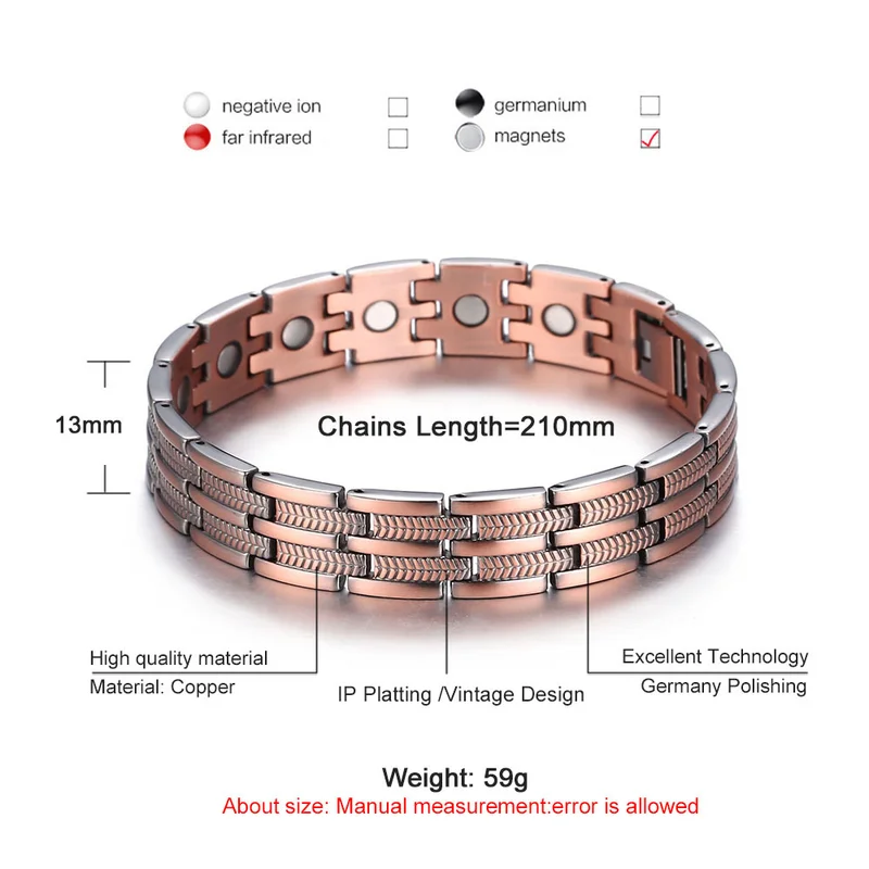 Элегантный браслет из чистой меди с магнитной терапией, облегчающий боль при артрите и запястном туннеле