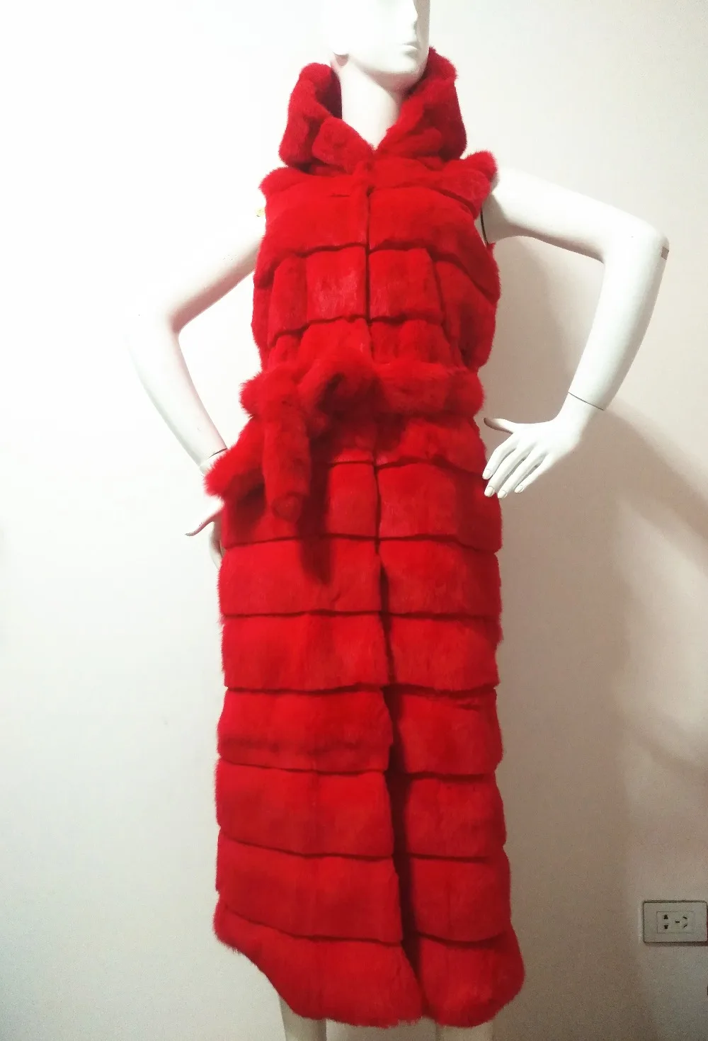 

NEW Genuine Real Natural Rabbit Fur Vest With Hood Winter Jacket Women's Fashion X-long With Belt Custom Any Size Free Shipping