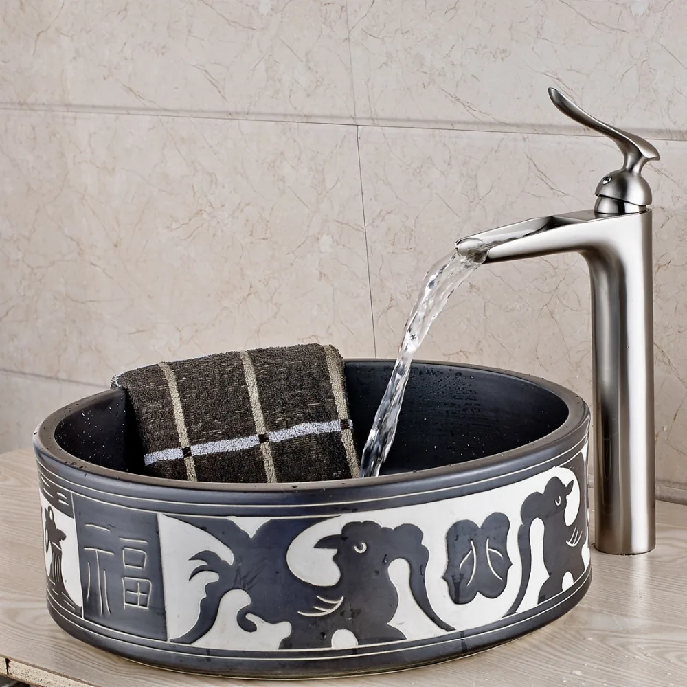 Luxury Brushed Nickel Waterfall Bathroom Basin Faucet Deck Mount