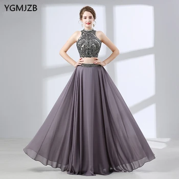 

Backless Long Evening Dresses 2018 A-line High Neck Sleeveless Beaded Crystal Chiffon African Style 2 Piece Prom Dresses
