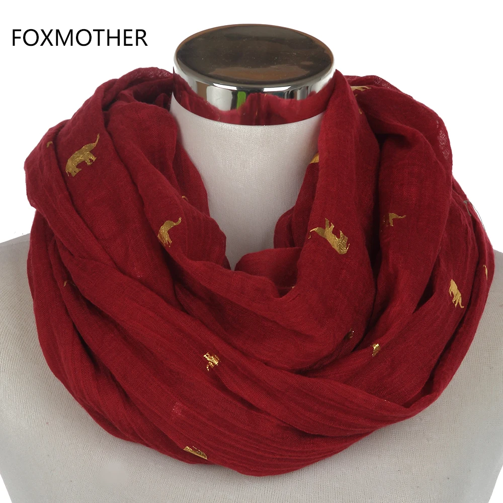 

FOXMOTHER 2018 New Winter Ladies Fashion Dark Red Elephant Bronzing Gold Scarves Loop Shawl Echarpe Muffler For Womens Ladies