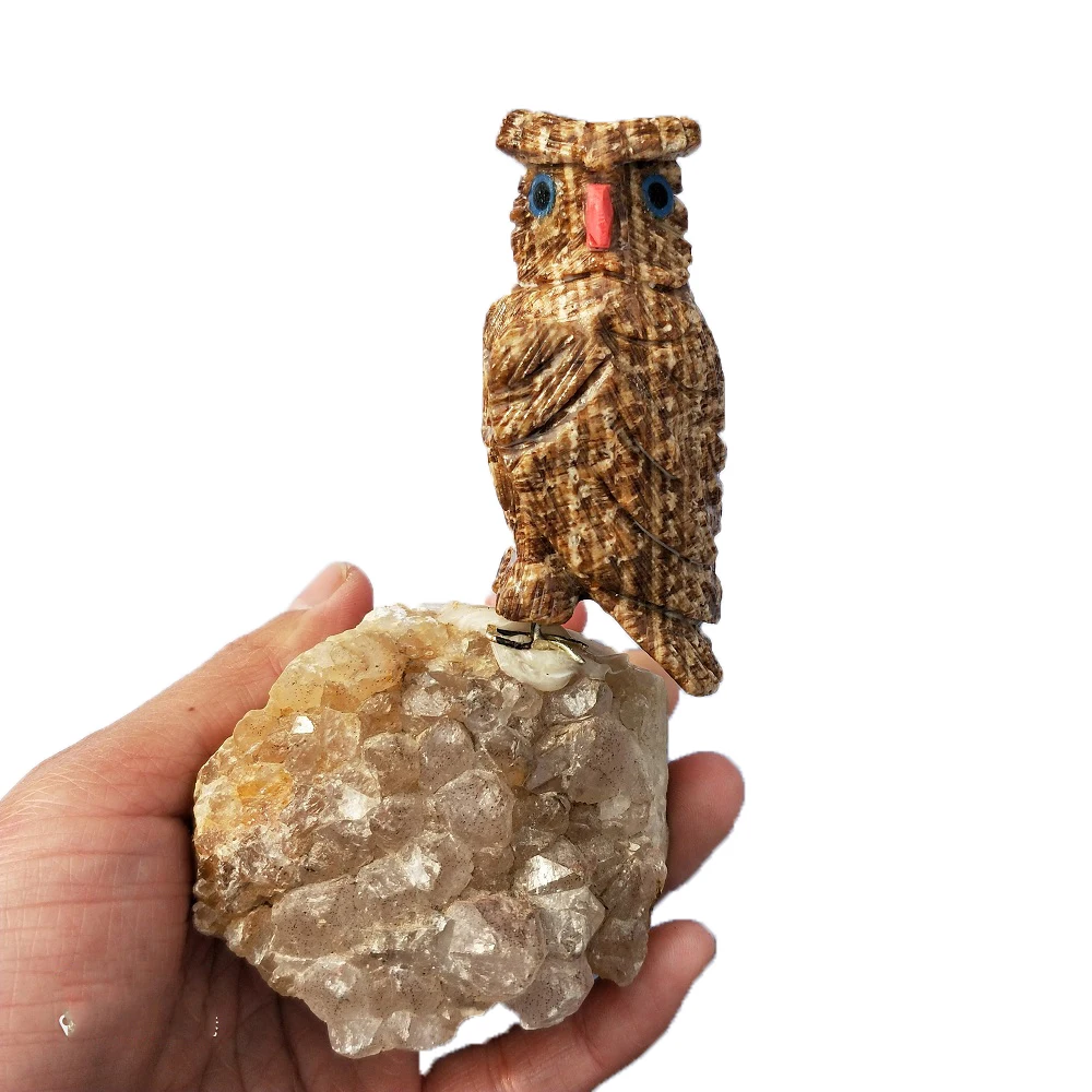

Natural Crystal Cluster Amethyst Soapstone Animal Colorful Crystal Carving Owl Parrot Statue Decoration