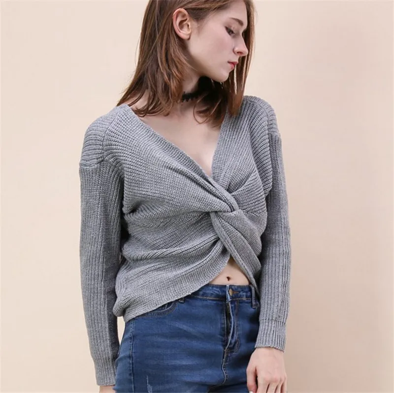 2017 Autumn Winter V Neck Solid Sweaters Women Long Sleeve Casual Criss Cross Knitted Pullovers