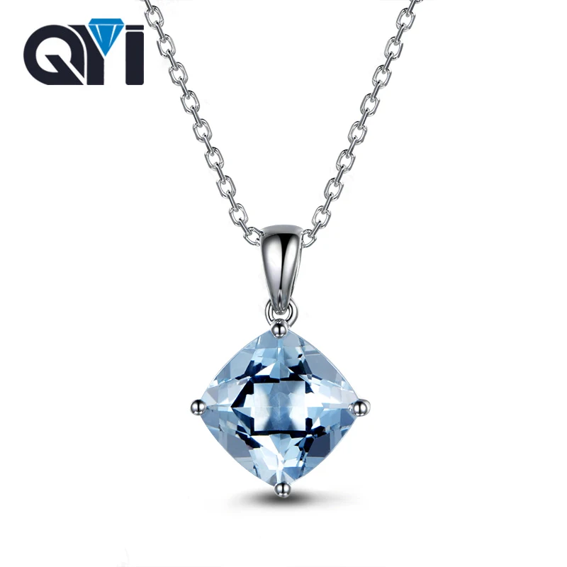 

QYI Natural sky Blue Topaz 925 Sterling Silver Solitaire Necklaces 2.5 ct Cushion cut Gemstone Necklaces Pendants For Women