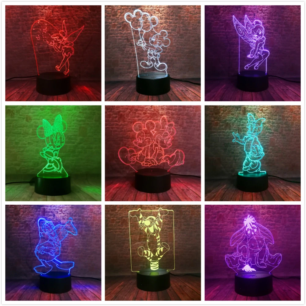 3d Mickey Minnie Fee Clochette Flocon De Neige Marguerite Donald Canard Nuit 7 Couleurs Usb Hologramme Table Lumiere Bebe Dormir Decor Jouets Cadeaux Aliexpress
