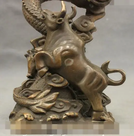 

S1412 10 Folk FengShui Bronze Chinese Zodiac Dragon Bull Ox Struggle Copper Art Statue