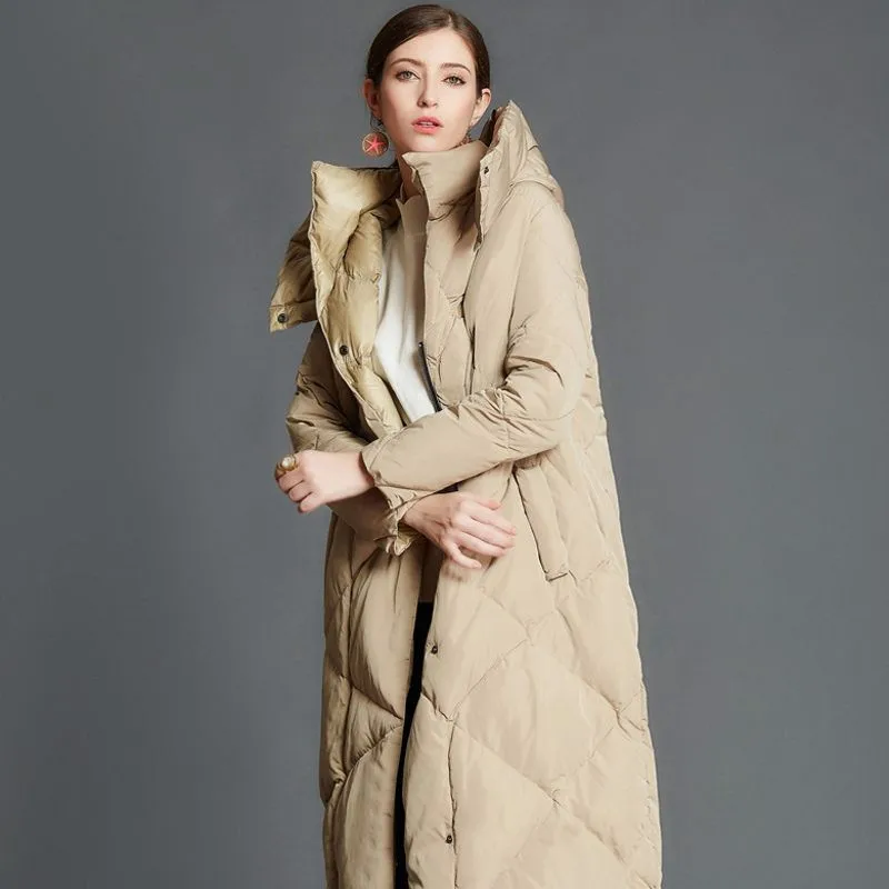 Winter Warm Plus Long Down Coat Women Stand Collar Hooded Detachable Covered Button Puffer Duck Down Jacket Female Outerwear New