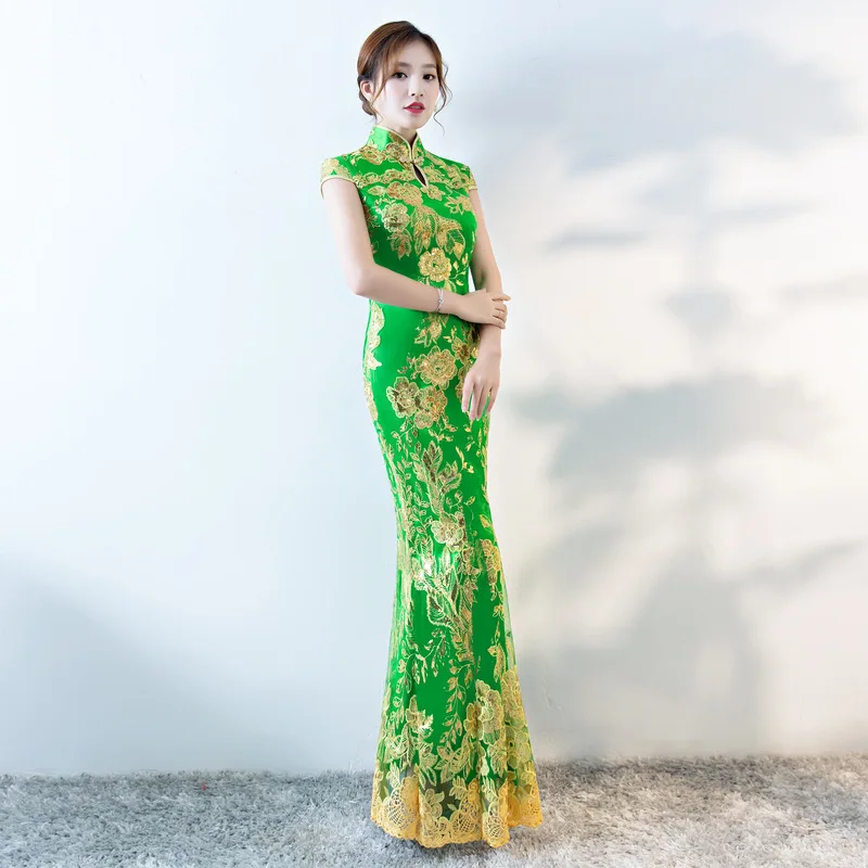 Новое китайское традиционное платье женское тонкое Cheongsam вышивка блестками современные восточные длинные Qipao вечерние платья