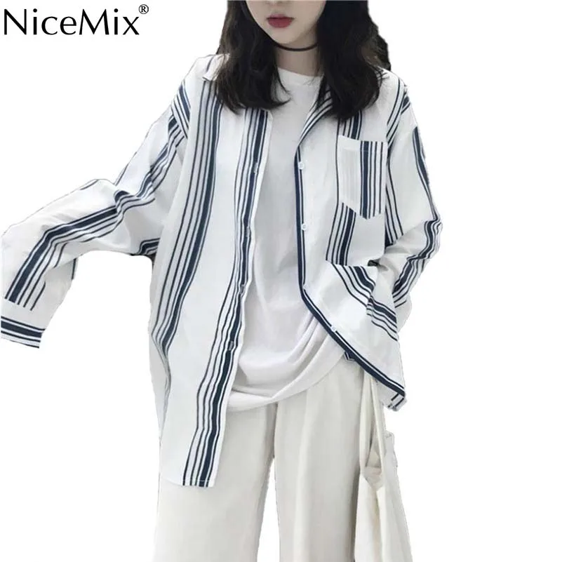 

NiceMix Spring Casual White Blouses Women Stripe Shirt Plus Size Womens Tops And Blouses Vetement Femme Blusas Femininas 2019