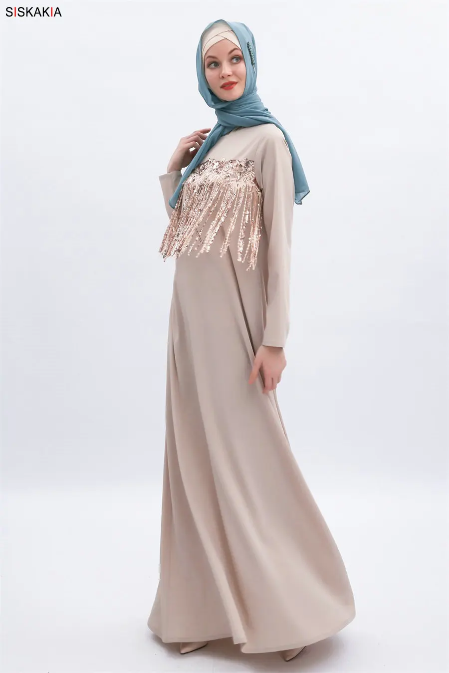 Siskakia Muslim Long Dress Beige Fashion Tassel Sequins Patchwork Casual Maxi Dresses Long Sleeve Arabian Clothes Summer