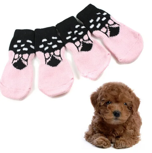 Теплые носки для собак; высокое качество; модная обувь для собак; домашние хлопковые нескользящие трикотажные тканый носок; нескользящая подошва - Цвет: Розовый