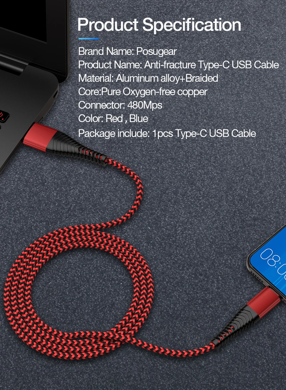 Кабель для быстрой зарядки posugear 2.4A type-C, кабель для быстрой зарядки, кабель для синхронизации данных type-C, usb-кабель для samsung, huawei, xiaomi