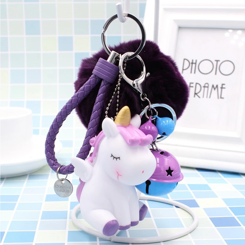 Kawaii Cartoon Unicorn Plush Keychain Fur Ball Pompons Key Ring Car Purse Bag Pendant Plush Toy - Color: U6