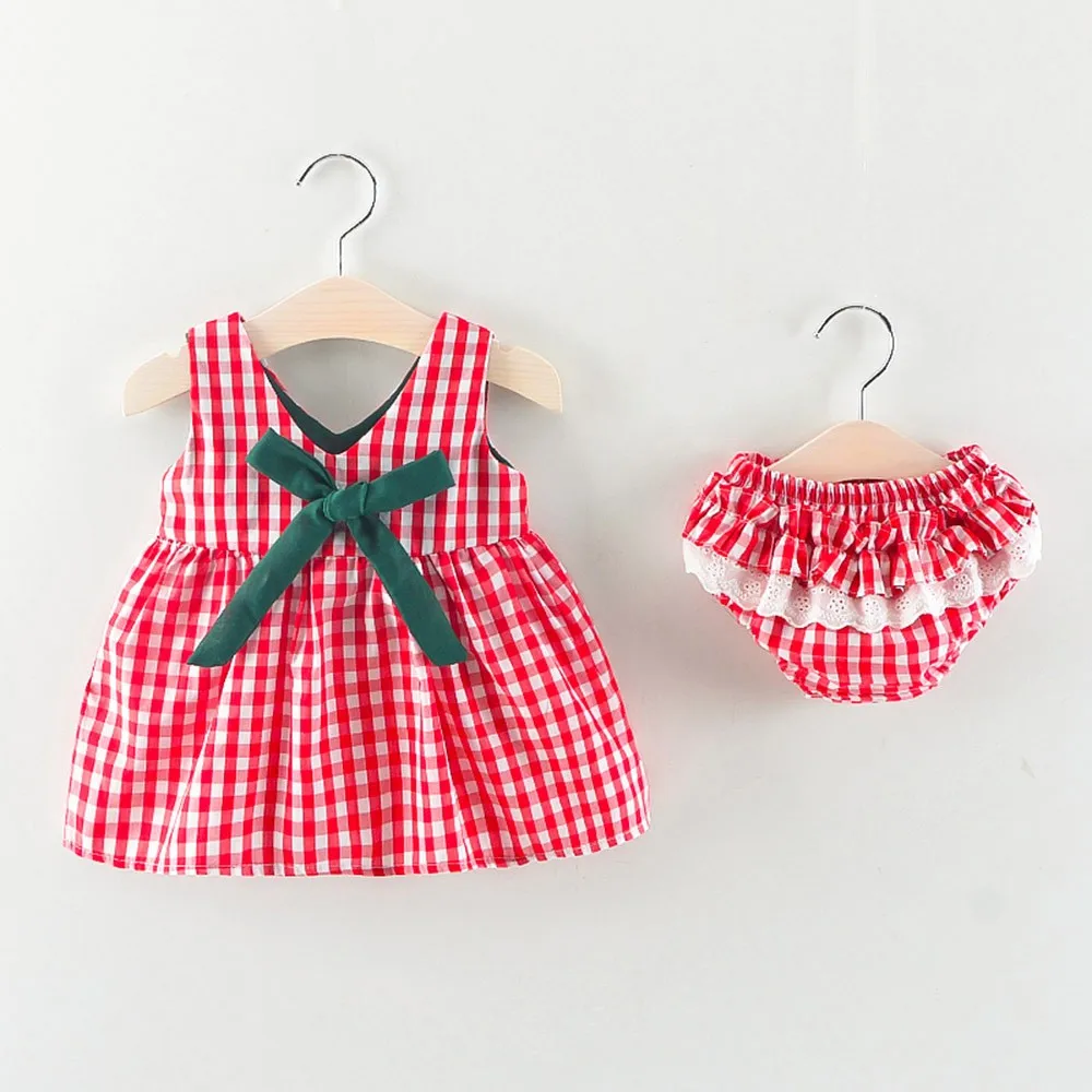 

Telotuny kid Casual Clothing Set Newborn Baby Girls Plaid Print Sleeveless Vest Tops+Lace Pants Set Clothes JU 133