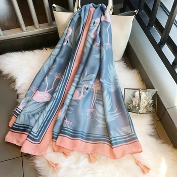 

Guttavalli Women Blue Flamingos Tassels Long Shawl Female Geometric Leaf Wraps Summer Chevron Sunscreen Animals Skinny Scarves