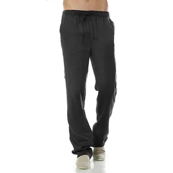 

Spring and Summer Leisure Trousers 100% Linen Cotton Elastic Waist Pants Men Casual Straight Pants