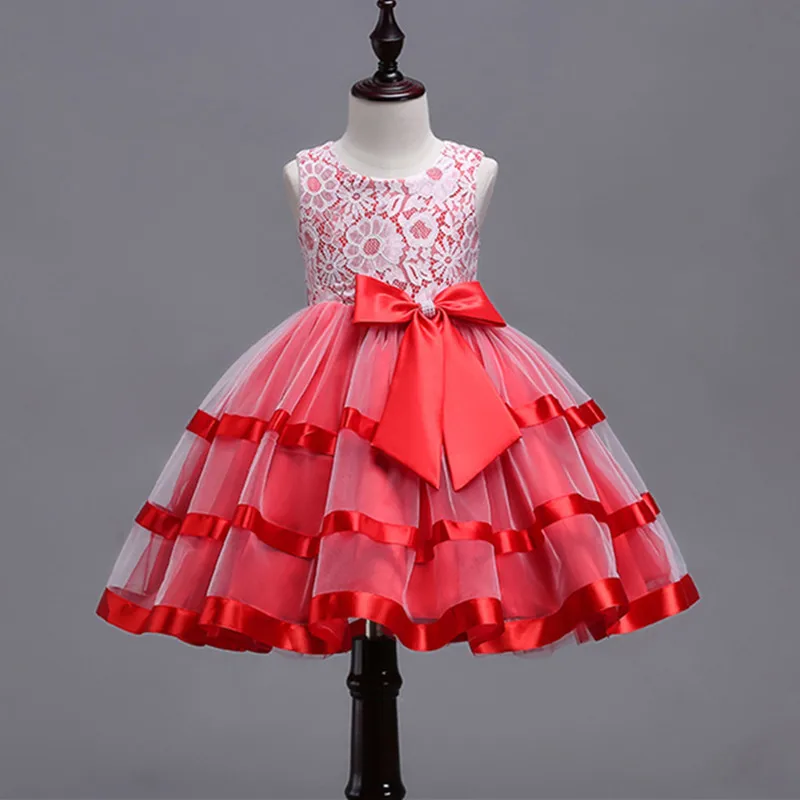 Платье с цветочным узором для маленьких девочек, кружевное нарядное платье-пачка принцессы, платье для девочек 2, 4, 6, 7, 8, 10 лет, вечеринка дня рождения события, платье для выпускного вечера - Цвет: Красный