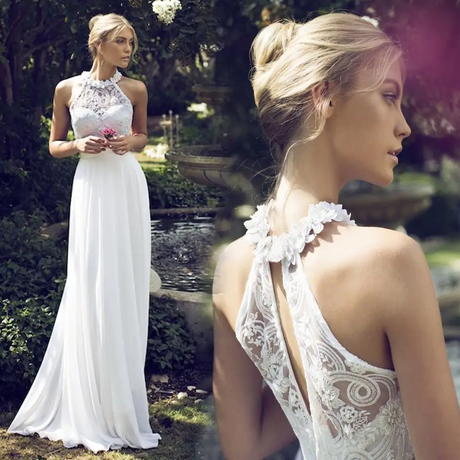 

Halter A-line Chiffon Wedding Dresses 2015 Sleeveless Halter Backless Chiffon And Applique Sweep Train Bridal Gowns