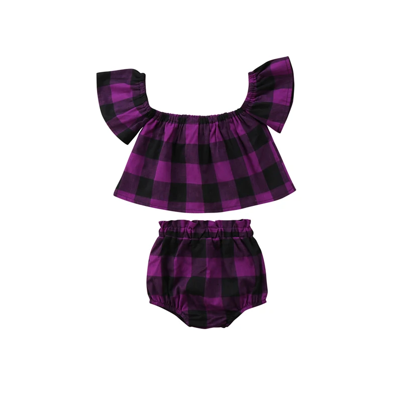 

2PCS Summer Party Cute Lovely Newborn Infant Baby Girls Short Sleeve Off Shoulder Pullover Purple Plaid Shirt Tops Shorts 3M-3Y