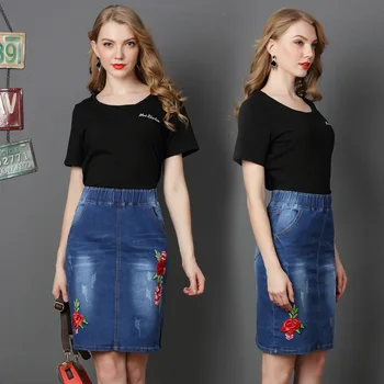 

Women 2018 Plus Size Stretch Waist Floral Embroidered Denim Skirts Spring Summer Short Pencil Jeans Skirt Saias Casual Fashion