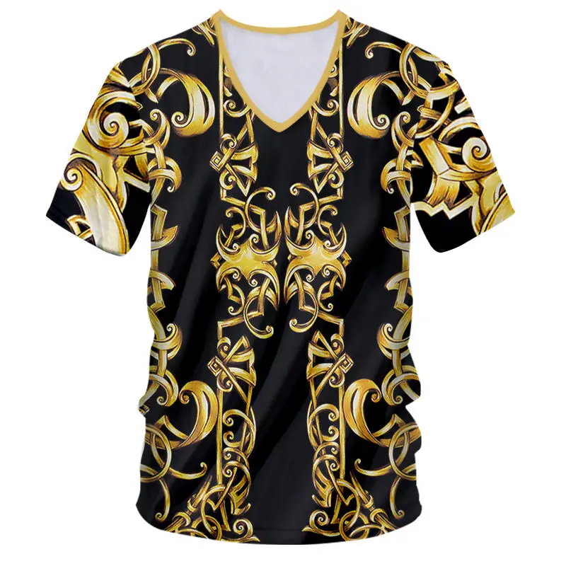 

Summer Oversized t shirt Men Women hip hop V-Neck T shirts Unisex Short Sleeve 3D golden Flower Print Loose Plus size 6XL Tops