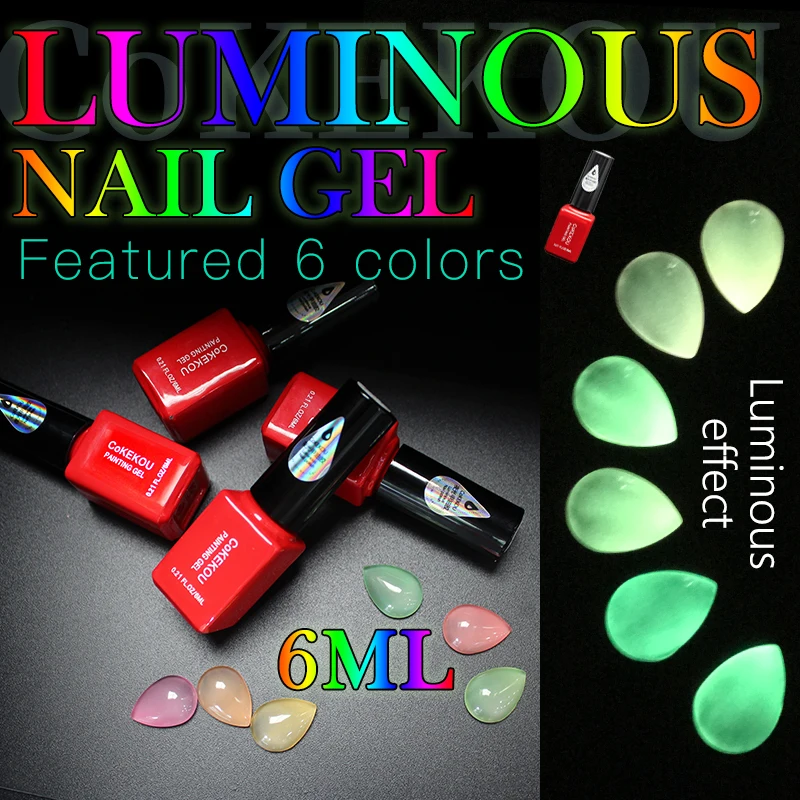 

CoKEKOU 6ml Fluorescent Neon Luminous Nail Polish 6 Candy Color LED UV Gel Night Glow In Dark Women Nail Gel Polish