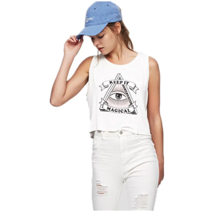 

Tops Hot Sale Cropped Feminino 2018 Summer Eye Printing Camisole Small Vest New Pattern Easy Round Neck Sleeveless Jacket Woman