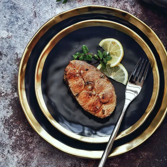 

New European Style Gold Side Black Plate Retro Tableware Matte Steak Dish Dessert Tray Kitchen Dinner Ceramic Cup and Bowl Sets