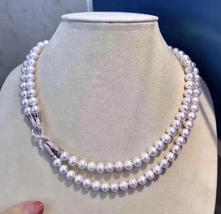 

charming 2row 9-10mm south white pearl necklace 18"-19