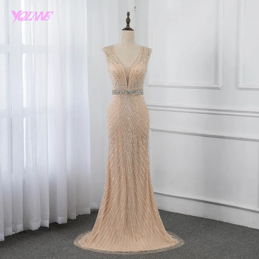 YQLNNE 2019 Champagne Mermaid Evening Dress Long Backless Crystals Beading Gowns Pageant Dresses YQLNNE 2019 Champagne Mermaid Evening Dress Long Backless Crystals Beading Gowns Pageant Dresses