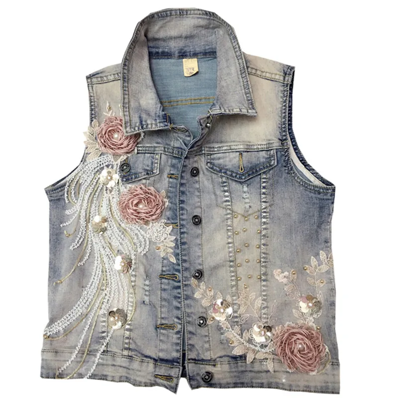 

High Quality Flowers Basic Coats Women Denim Jacket Vintage Sleeveless Female Jeans Coat Casual Girls Outwear