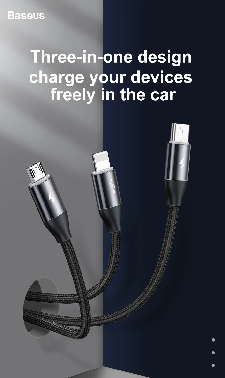 Baseus 3 in 1 USB Cable USB Type C Cable for Samsung S10 S9 Zinc Alloy Cord for iPhone X Xs Max XR Charger Micro USB Cable