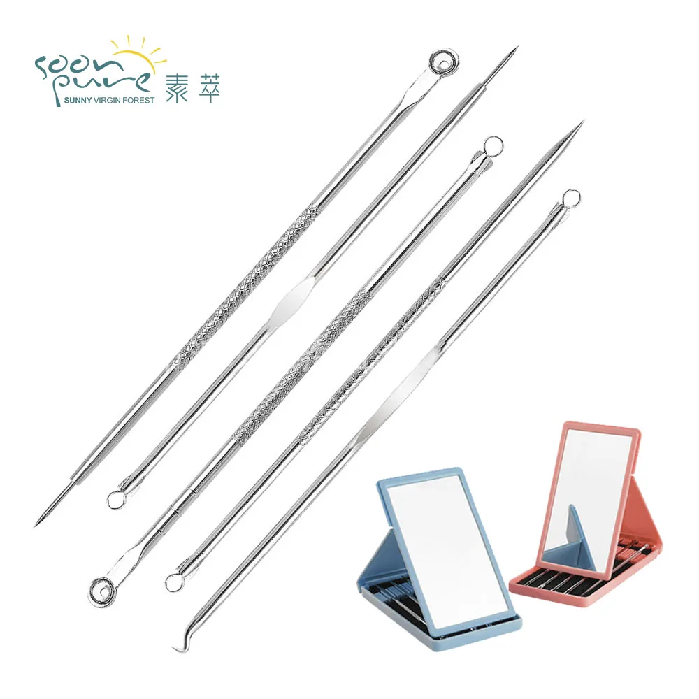 

5Pcs Antibacterial Blackhead Acne Removal Needle Portable Facial Tools Set Makeup Mirror Easy To Operate Face Pimple Extractor